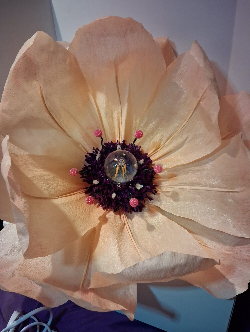 Peach Chalked Flower LED Italian Crepe Paper Hanging Lamp with Purple Center